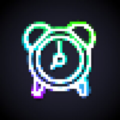 Poster - Glowing neon line Alarm clock icon isolated on black background. Wake up, get up concept. Time sign. Vector