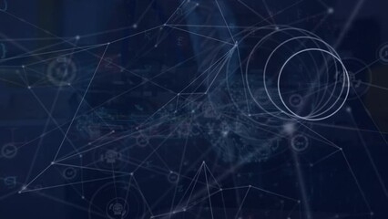 Poster - Animation of businessman touching car 3d model, connected dots and icons with circular pattern