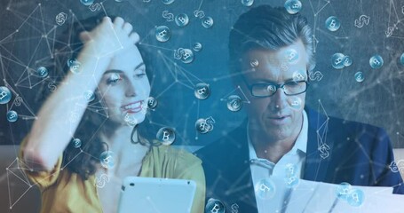 Poster - Animation of connected dots, bitcoin and dollar signs over coworkers planning over tablet in office