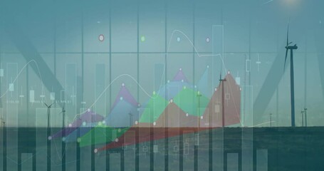 Poster - Animation of statistical data processing over spinning windmills on grassland against blue sky