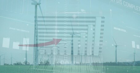 Poster - Animation of statistical data processing over spinning windmills on grassland against blue sky