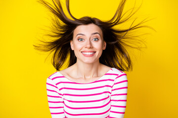 Poster - Photo of young gorgeous nice lady with brunette hairdo wear striped shirt rejoice impressed sale isolated on yellow color background