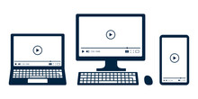 様々なデバイスで動画を再生するアイコンのイラスト. ノートパソコン, デスクトップ, スマートフォンの液晶画面. コンピュータ.