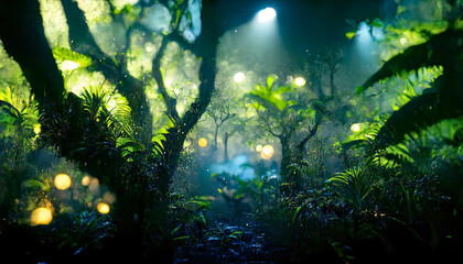 Fantasy dark tropical exotic forest, jungle. Grass, moss in lemu, sunlight, shadows, forest magic. 3D illustration.