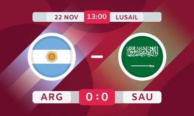 Argentina vs Saudi Arabia Match Design Element. Soccer Championship Competition Infographics. Announcement, Game Score, Scoreboard Template. Vector