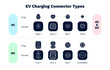 © petovarga - Charging plug connector types for electric cars. Home AC alternating or DC direct current fast speed charge. Male plug for different socket ports. Various modes of EV recharge power cables standard.