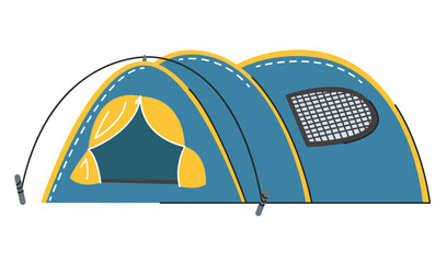 Tourist dome concept design. Camping tent for outdoor activities. Adventure hiking and sports tourism season. Journey in nature. Hand drawn flat vector illustration isolated on white background