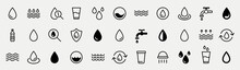 Water Drops Icon Set. Editable Vector Pack Of Water Line Icons. A Drop Of Water. Glass, Magnifier, Washing Hands, Shower. Vector Illustration