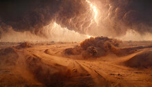 Desert Landscape, Sandstorm, Sand Morch, Dramatic Cloudy Sky, Unreal World, Apocalypse. 3D Illustration
