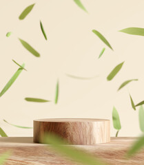 Fototapete - Wooden product display podium with falling green leaves on brown background. 3d rendering