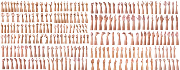 Wall Mural - SUPER SET of Male asian hand gestures isolated over the white background. Grab with five fingers Action. sexual sign. Masturbation.Pointing Visual Touch Action.