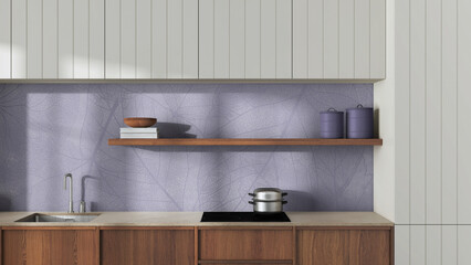 Wall Mural - Japandi wooden kitchen close up in white and purple tones. Modern cabinets, wallpaper, shelf with decors and induction hob. Minimalist interior design