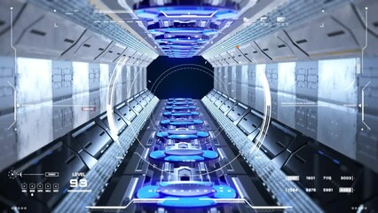 Poster - HUD futuristic screen flying through cyber space tunnel science fiction 4K motion. 3D UI digital infographic display technology aerial view.
