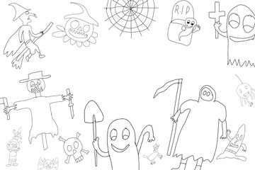 doodle drawings on the theme of halloween, holiday background