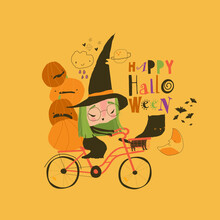 Cute Halloween Witch Riding Bicycle With Pumpkins And Black Cat