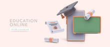 Concept Banner For Online Education Service In 3d Realistic Style. Vector Illustration