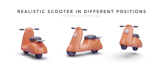 Set of 3d realistic scooter in different position isolated on white background. Vector illustration