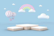 A Set Of Wooden Square Product Display Podium With Rainbow, Clouds, And Balloons On The Sky In Pastel Tone Color For Baby And Kid. 3D Rendering.
