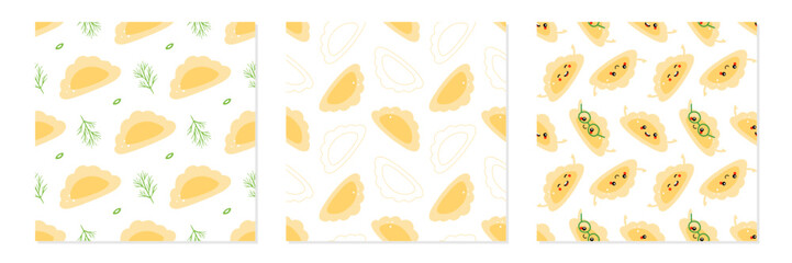 Wall Mural - Set, collection of three vector seamless pattern backgrounds with cute smiling pierogi characters, filled dumplings for food design.
