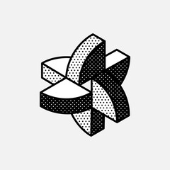 Wall Mural - impossible sector vector shape. retro 3d black and white logo with polka dot pattern on the sides.