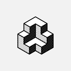 Wall Mural - impossible triangle vector shape. retro 3d black and white logo with polka dot pattern on the sides.