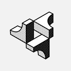 Wall Mural - impossible triangle vector shape. retro 3d black and white logo with polka dot pattern on the sides.