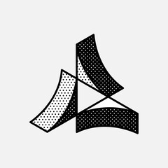 Wall Mural - impossible triangle vector shape. retro 3d black and white logo with polka dot pattern on the sides.
