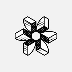 Wall Mural - impossible sector vector shape. retro 3d black and white logo with polka dot pattern on the sides.