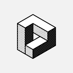 Wall Mural - impossible hexagon vector shape. retro 3d black and white logo with polka dot pattern on the sides.