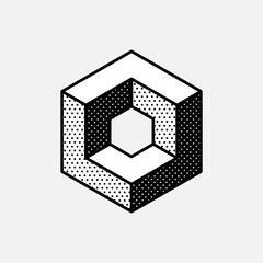 Wall Mural - impossible hexagon vector shape. retro 3d black and white logo with polka dot pattern on the sides.