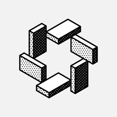 Wall Mural - impossible triangle vector shape. retro 3d black and white logo with polka dot pattern on the sides.