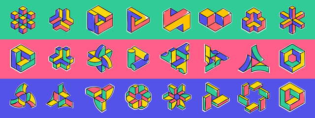 Wall Mural - impossible hexagon, triangle, cylinder, sector vector shapes. optical illusion signs set.