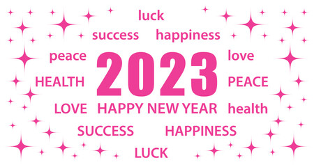 Wall Mural - 2023 Happy New Year. White and pink greeting card with best wishes. Vector illustration banner.