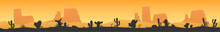 Panoramic Desert Landscape On Sunset Flat Style, Vector Illustration