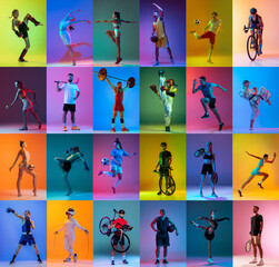 Wall Mural - Sport collage of professional athletes on gradient multicolored neoned background. Concept of motion, action, active lifestyle, achievements