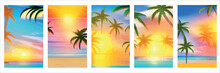 Card With Realistic Silhouette Palm Trees Sunset Beach. Tropical Landscape With Sunny Sky, Palm Trees Beach. Summer Vacation Tropics With Plants, Ocean Sea Waves. Vector Set Vertical Posters Tourism