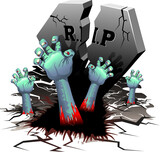 Fototapeta Pokój dzieciecy - Zombie Creepy Bloody Hands coming out from a Tomb with Broken Tombstone, on Cemetery