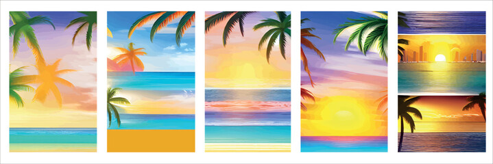 Card with realistic silhouette palm trees sunset beach. Tropical landscape with sunny sky, palm trees beach. Summer vacation tropics with plants, ocean sea waves. Vector set vertical posters tourism