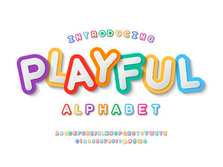 Colorful stylized kids alphabet design with uppercase, numbers and symbols