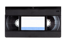 Old Black Vintage Vhs Cassette Tape Front With A Blank Paper Label, Front Side, Top View Isolated On White, Cut Out 80s, 90s Retro Media Aesthetic, Magnetic Videotape Movie Storage Concept Studio Shot
