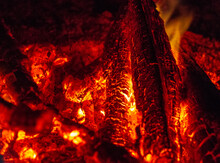Closeup Of Burning Firewood In Furnace Of Bake