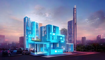 Aufkleber - Luxury futuristic residential building in evening city