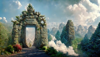 Wall Mural - large stone gates on empty road at highland on sunny day