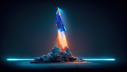 Aufkleber - Powerful spaceship launching from rocky ground on dark blue