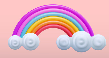 3d cartoon rainbow with white clouds on pink background. Minimal realistic design art element. Funny children toy. Glossy sweet decoration. Vector illustration.