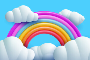 3d cartoon rainbow with white clouds on blue background. Minimal realistic design art element. Funny children toy. Glossy sweet decoration. Vector illustration.