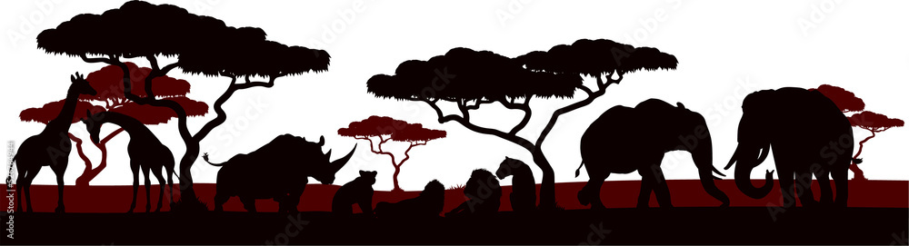 Animal Silhouette African Safari Landscape Scene Stock Illustration ...