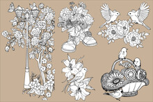 Elements On The Theme Of The Garden. Black And White Vector For Coloring Books.Lamp Post Near The Tree. Flowers In A Basket. Flowers In Shoes.