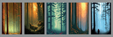 Set Vertical Backgrounds Dark Twilight Forest With Fogs Twilight Vector Illustration. Silhouettes Trees With Bare Branches Polar Lights. Dark Forest. Trees. Abstract Landscape Background