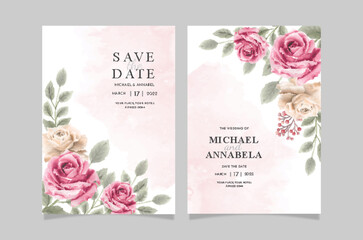 Poster - Set of card with pink flower rose and leaves. Wedding ornament concept. Floral poster invitation. Vector decorative greeting card or invitation design background